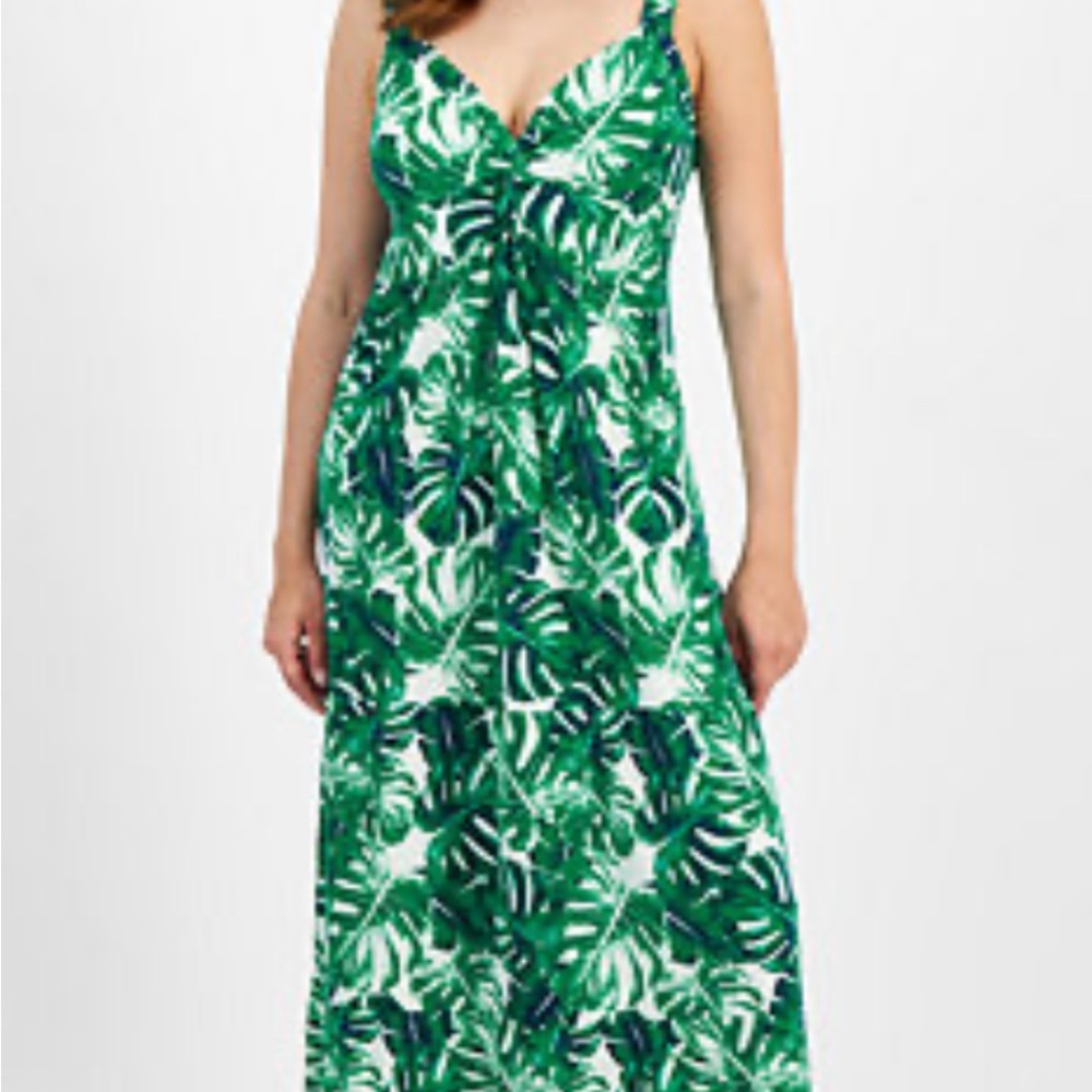 Harlow & Rose Peacock Green Palm  Leaf Print Maxi Dress Sundress Twist-Front
